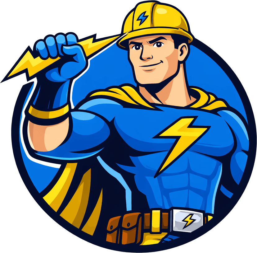 The Strong Hand Systems mascot: a hard-hat hero holding a lightning bolt