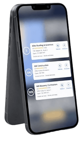 Phone showing Google Maps results for local contractors with star ratings