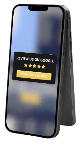 Phone showing a Review us on Google prompt with five stars